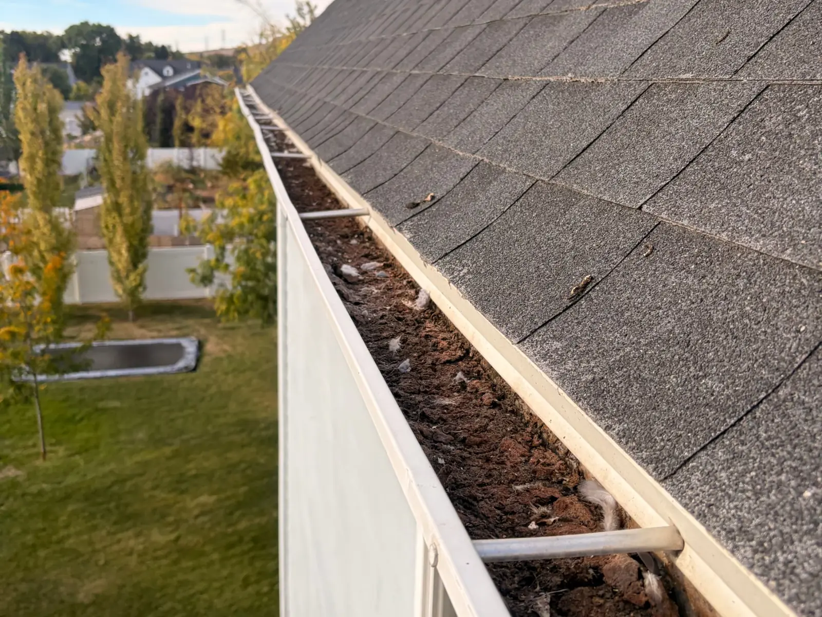 Gutter clogged with fall leaves and debris on a Salt Lake City home before gutter cleaning