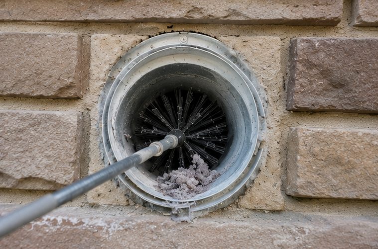 Rotary lint brush inside a dryer duct during dryer vent lint cleaning in SLC