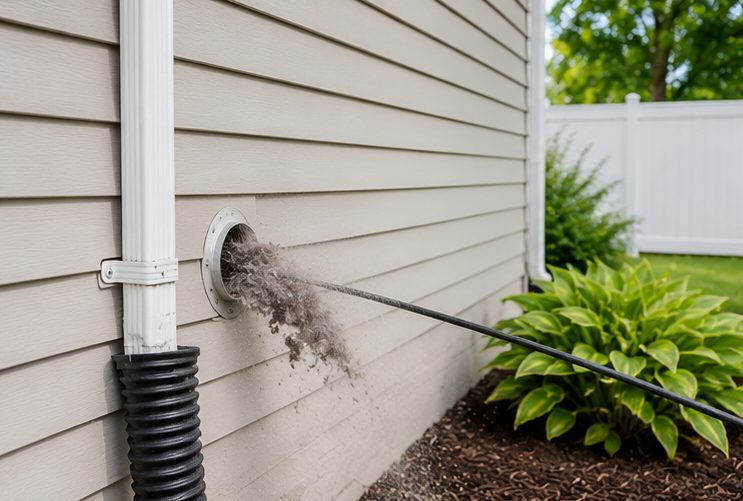 Lint blowing out of an exterior dryer vent during professional lint removal service in Salt Lake City