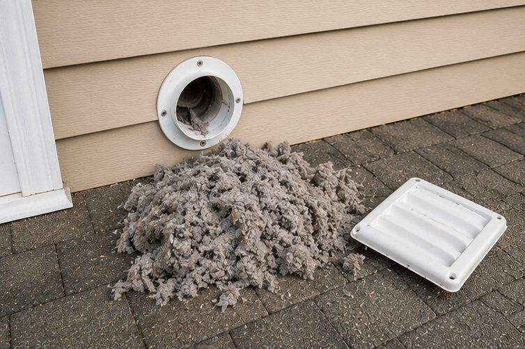 Pile of lint removed from a dryer vent next to the exterior vent cap after lint removal service in Salt Lake City
