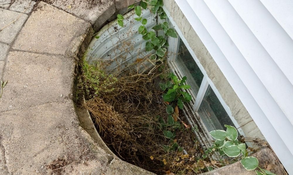 Before window well cleaning in Salt Lake City — basement window well filled with weeds, dead vines, leaves and dirt