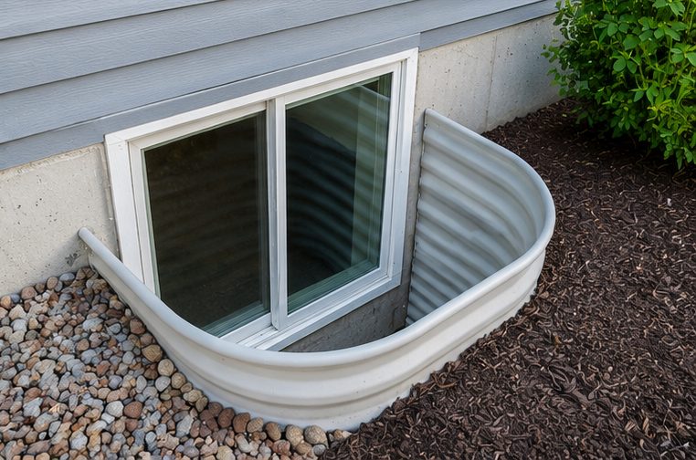 Professional window well cleaning in Salt Lake City — clean basement window well with corrugated liner and drainage gravel